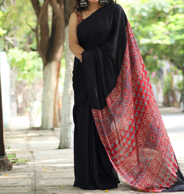 Black Ajrakh Silk Saree