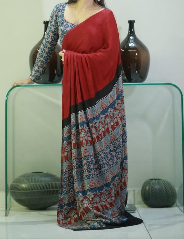 Beautiful Maroon Ajrakh Saree