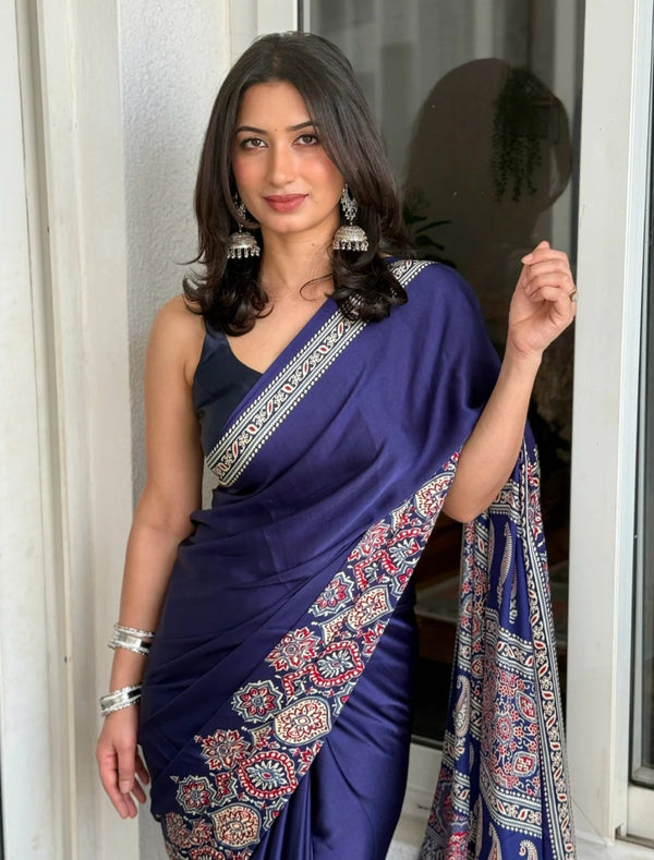 Purple Ajrakh Printed Saree