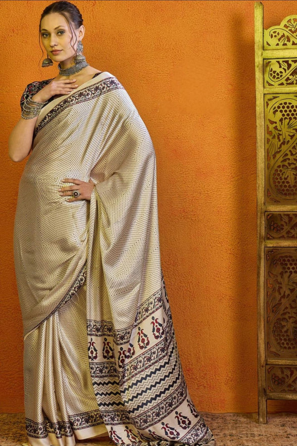 Exclusive Cream Ajrakh Printed Crape Silk Saree