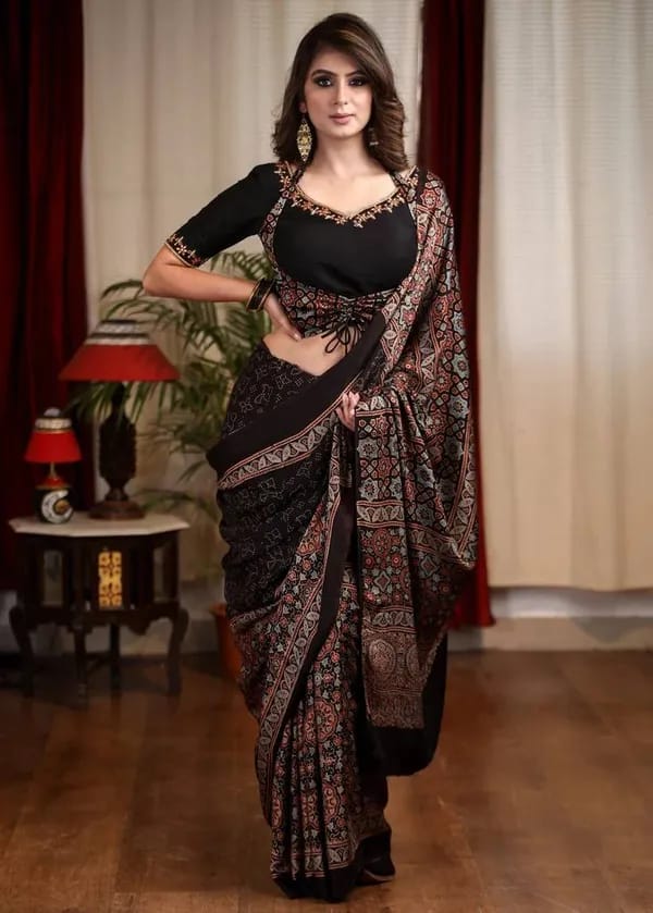 elegant and rich ajrakh design Midnight Bloom Saree