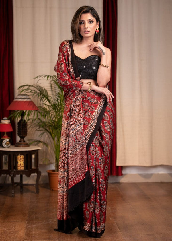 MAROON COLOR AJRAKH SAREE