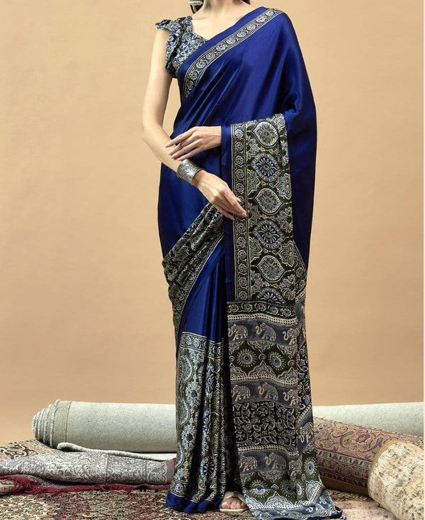 BLUE ELEPHANT PRINTED AJRAKH SAREE
